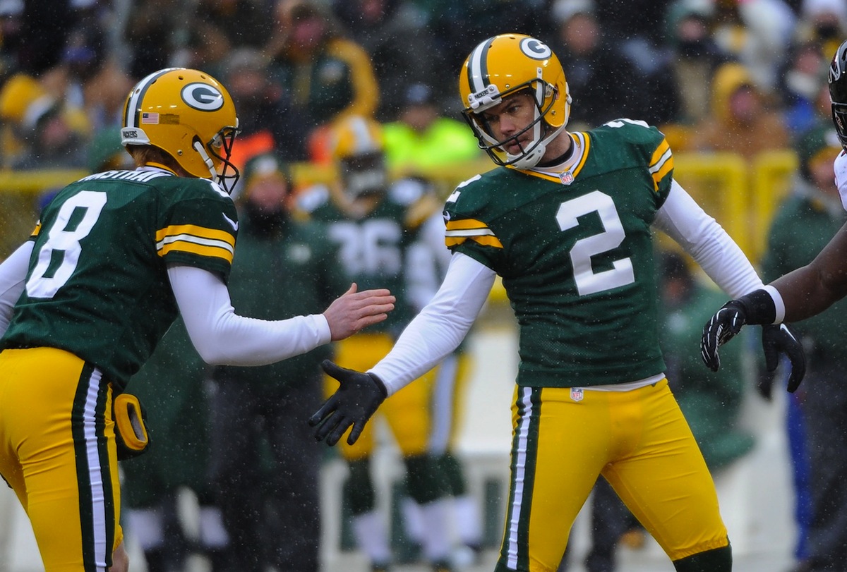 Green Bay Packers kicker Mason Crosby and holder Tim Masthay by Benny Sieu—USA TODAY Sports.