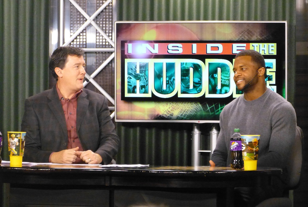 On the set of Inside the Huddle with host Drew Smith and Packers wide receiver Randall Cobb. Photo by Brian Carriveau—CheeseheadTV.com.